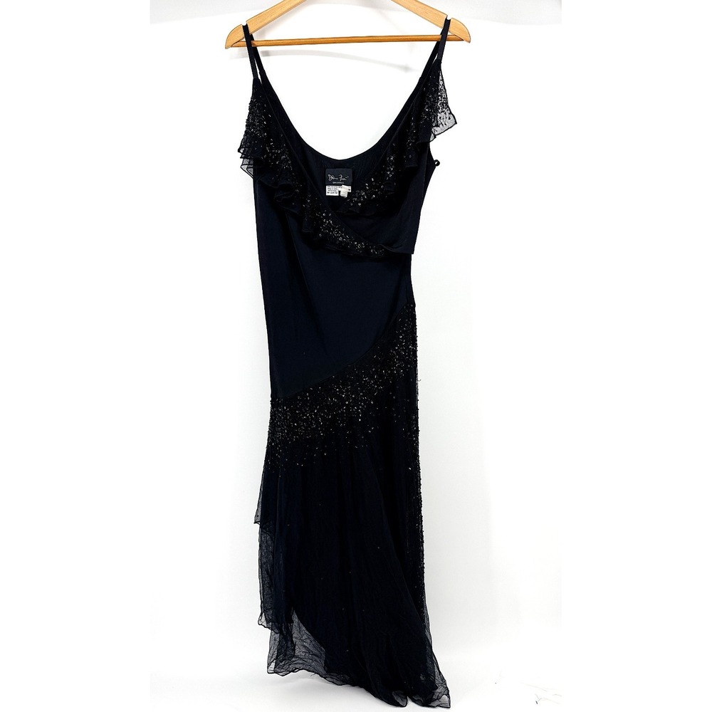 Diane Freis Vintage Black Beaded Ruffle Midi Dress Formal 80s 90s Wedding Guest